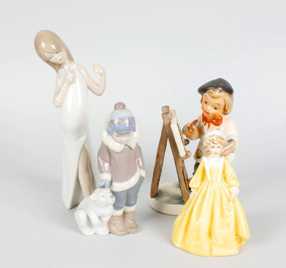 A box containing a selection of assorted decorative fig: A box containing a selection of assorted decorative figurines to include Coalport, Worcester, Lladro, etc., a Wade moneybox, two pieces of Poole pottery, two pictures, etc.