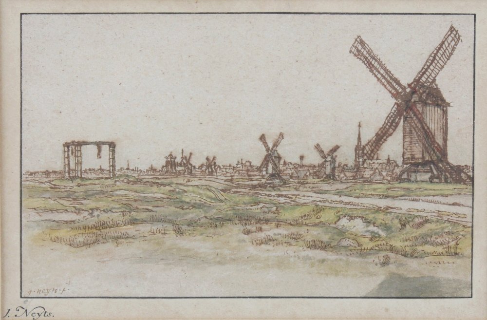 Charcoal portrait: Jean (Francois) Neyts (19th century), a Dutch landscape with windmills, sepia ink and green watercolour wash signed, 'J Neyts f.' lower left and named again beneath , 3.75" x 6" (9.5cm x 15cm) and a b