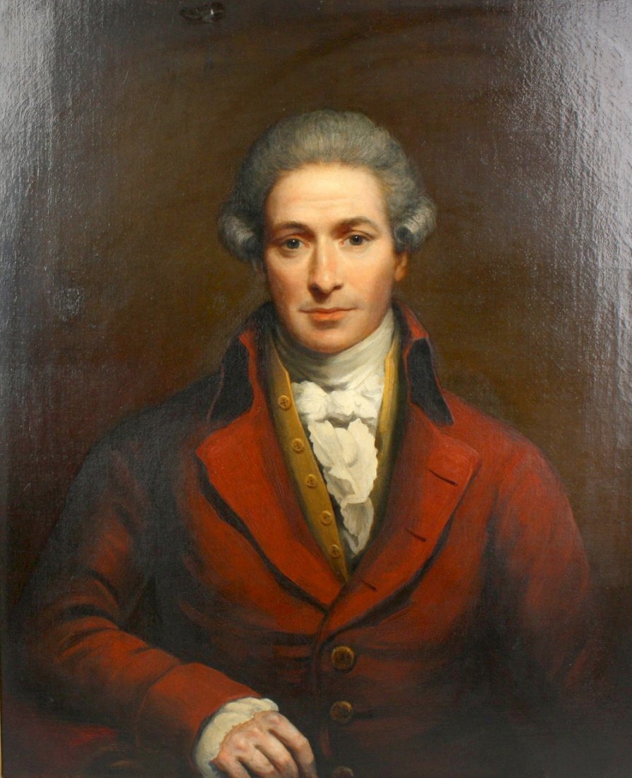Thomas Beach, Sir Henry Bate Dudley: Thomas Beach (attr), portrait of a gentleman believed to be Sir Henry Bate Dudley (1745 - 1824), depicted bust length facing frontally with white stock and red jacket, oil on canvas, unsigned, 29.5" x
