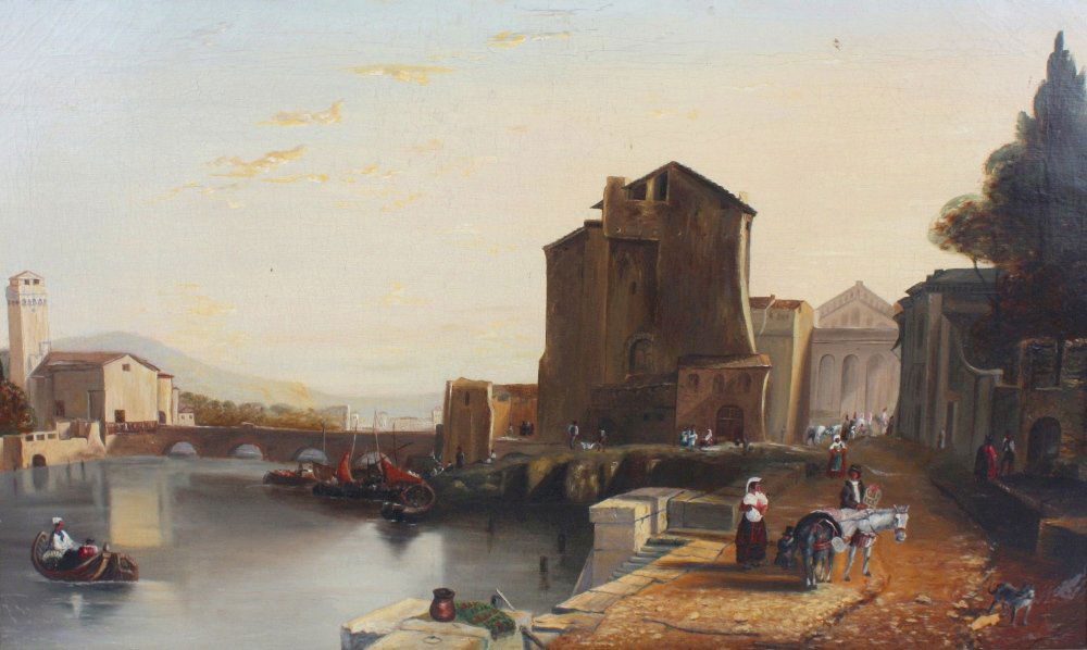 19th century lake scene after JB Pyne: Manner of James Baker Pyne, (1800 - 1870)Oil on canvasAn Italian lake scene with figures17.5" x 29.5" (45cm x 75cm)In swept gilt frame (restoration)