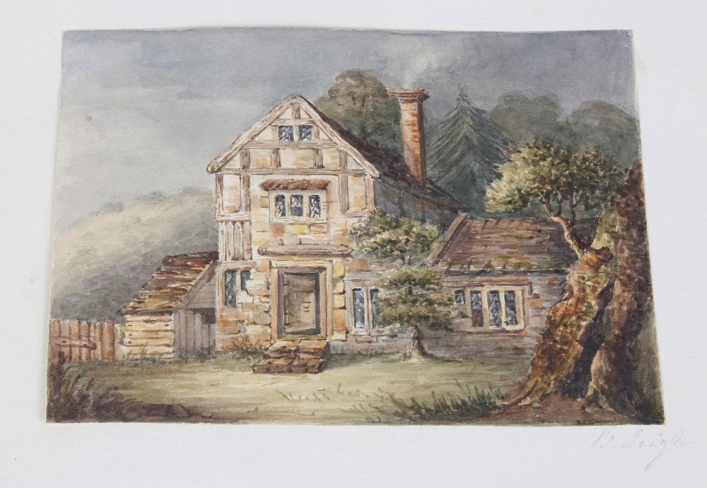 A 19th century sketch book album: A 19th century sketch book album, the green tooled leather cover opening to reveal a selection of watercolours, charcoal, pastels and sketches