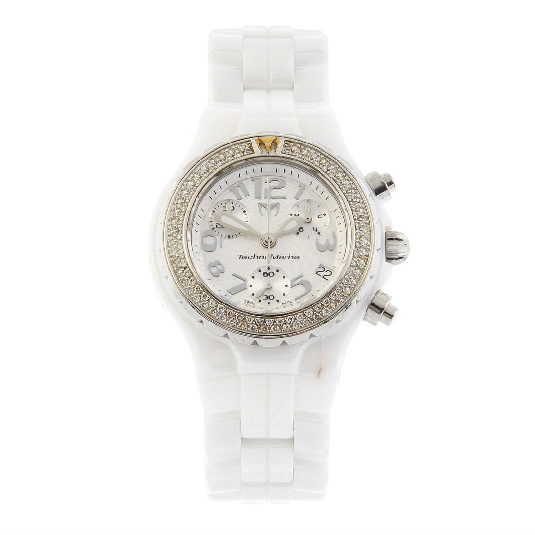 TechnoMarine - TechnoDiamond: TechnoMarine - a TechnoDiamond chronograph bracelet watch. Ceramic case with diamond set bezel. Case width 35mm. Numbered 07060090. Unsigned quartz movement. White dial. On a signed white ceramic brac