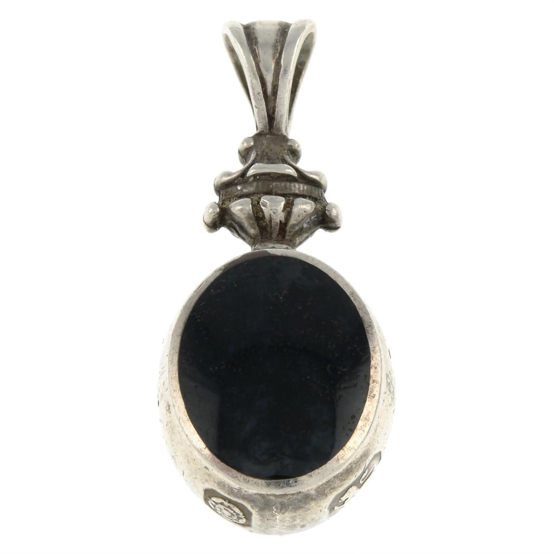 Silver gem fob pendant, David Scott Walker: A silver lapis lazuli and moss agate fob pendant, by David Scott Walker. Hallmarks for Sheffield, 1998. Length 4.4cms. 11.8gms. Condition Report: General light marks, wear and discolouration to metal.