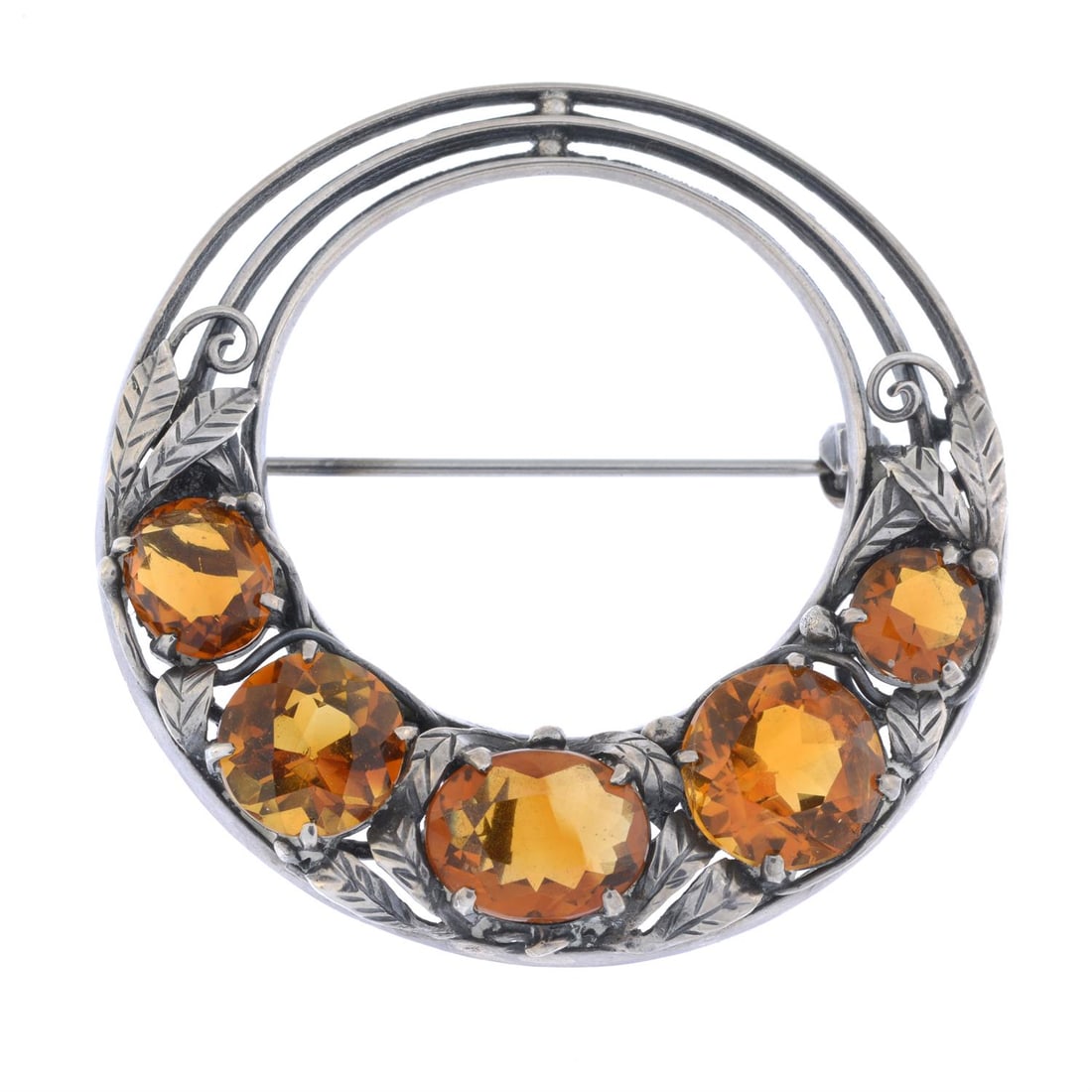 Arts and Crafts silver citrine brooch, attributed to Dorrie Nossiter: Arts and Crafts silver citrine brooch, attributed to Dorrie Nossiter. Stamped SILVER. Length 4.2cms. 10.2gms. Condition Report: With localised moderate discolouration, in keeping with the age. Citrine