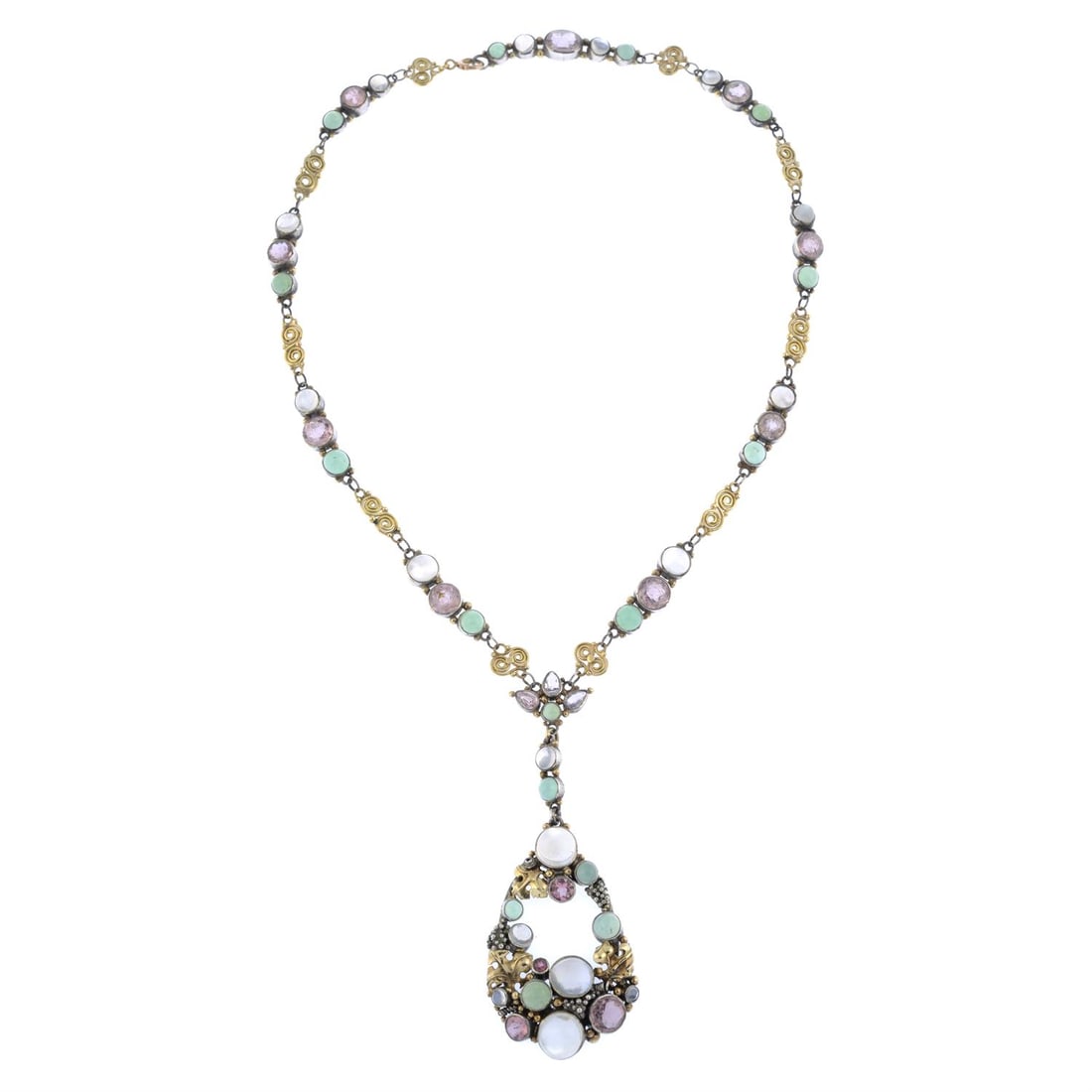 Arts and Crafts silver & gold gem-set pendant necklace, attributed to Dorrie Nossiter: Arts and Crafts silver & gold gem-set pendant necklace, attributed to Dorrie Nossiter Gems to include moonstone, pink tourmaline and chrysoprase quartz. Length o