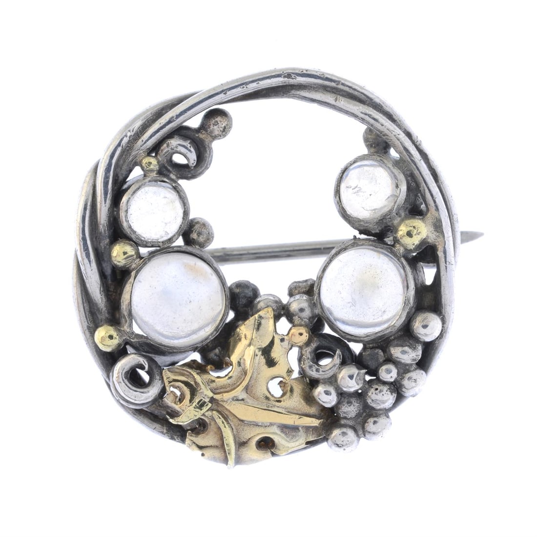 Arts and Crafts silver moonstone brooch, attributed to Dorrie Nossiter: Art and crafts silver moonstone brooch, with gilted leaf detail, attributed to Dorrie Nossiter. Length 2cm. 4.3gm. Condition Report: Minor surface scratches/wear in keeping with general age and wear.