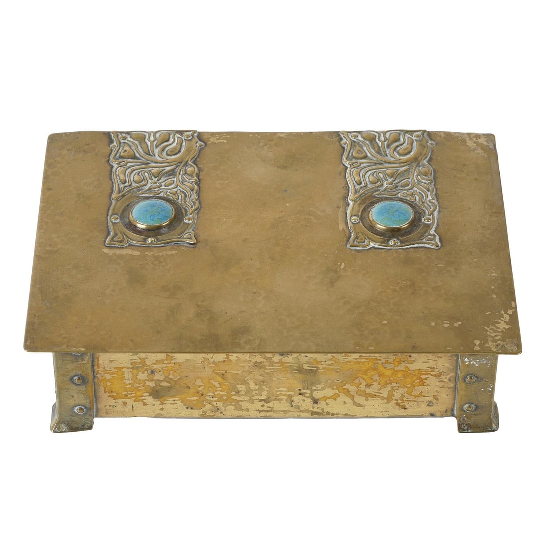 Arts and Crafts box with inset Ruskin roundels attributed to A.E Jones: An early 20th century brass Arts and Crafts table cigar or cigarette box, the design attributed to A. E Jones, the top with two cast straps set with blue green Ruskin Pottery type roundels, unmarked,