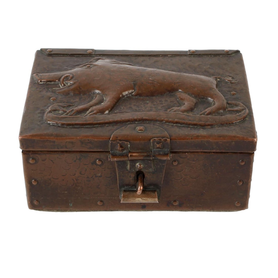 John Pearson copper Arts and Crafts box: A late 19th to early 20th century Newlyn School Arts and Crafts copper box by John Pearson, the lid embossed with a wild boar stood upon a ribbon, the sides with studded detailing, the front with clas