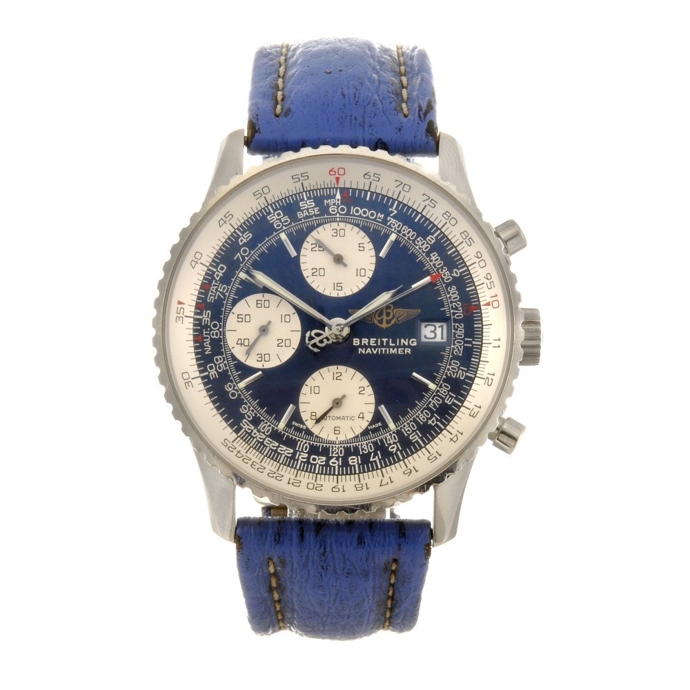 A stainless steel automatic gentleman's Breitling Na: BREITLING - a stainless steel automatic chronograph gentleman's Navitimer wrist watch, the blue sunburst effect dial with hourly applied silvered batons, date aperture set to three o'clock, subsidiary