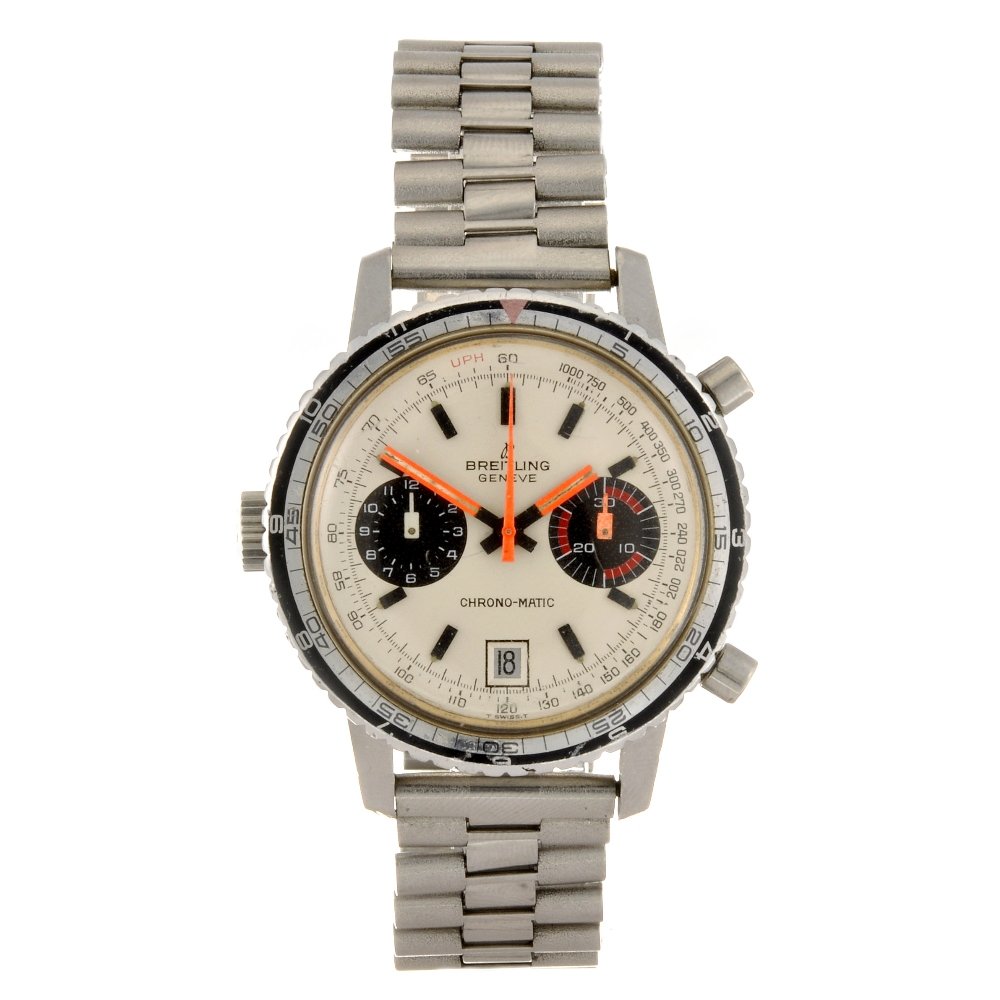 A stainless steel automatic chronograph gentleman's : BREITLING - a stainless steel automatic chronograph gentleman's Chrono-matic bracelet watch, the silvered dial with hourly applied black batons, bordered by a minute track, date aperture to six o'cloc