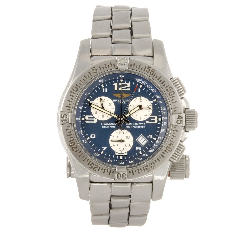 A stainless steel quartz chronograph gentleman's Bre: BREITLING - a stainless steel quartz chronograph gentleman's Professional Emergency bracelet watch, the blue dial with luminous Arabic numerals, bordered by a minute track, date aperture set between f