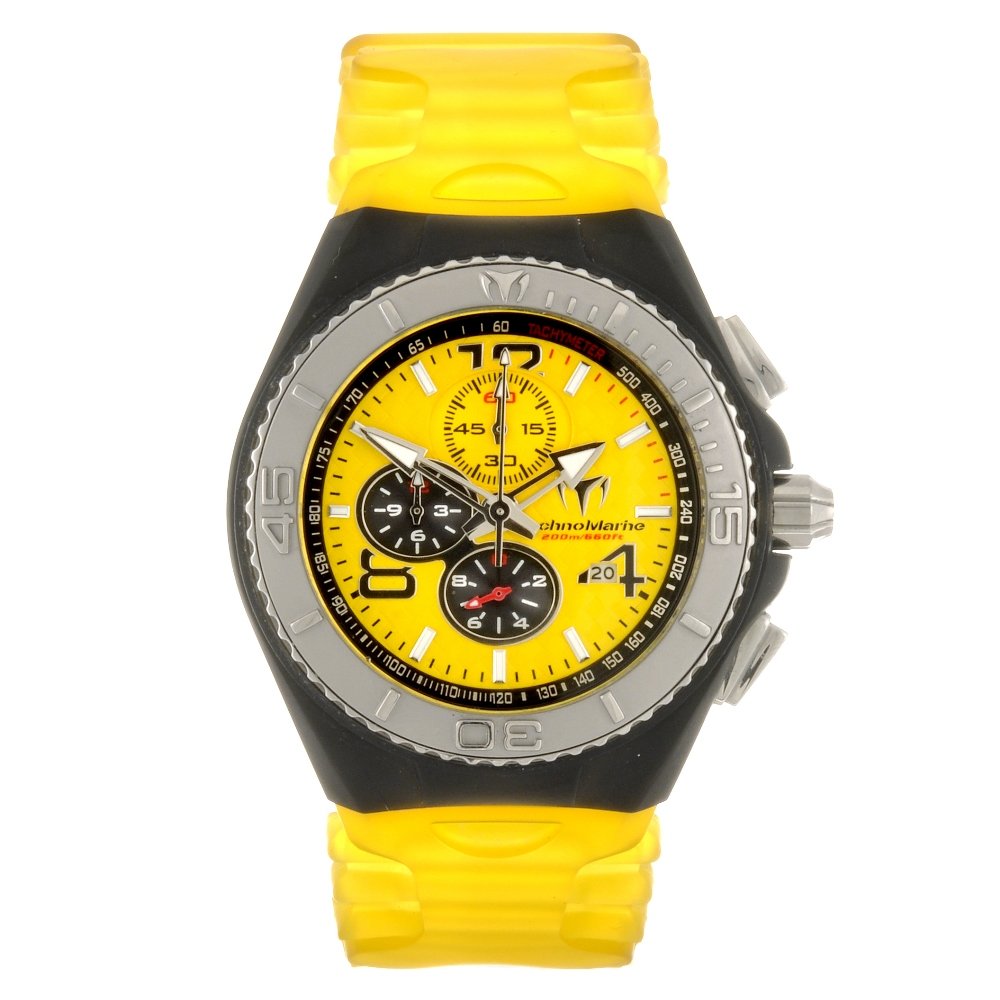 A stainless steel and plastic Technomarine wrist w: A stainless steel quartz chronograph gentleman's TechnoMarine wrist watch, the yellow dial with hourly applied batons and Arabic four, eight and twelve, bordered by a minute track, date aperture set t