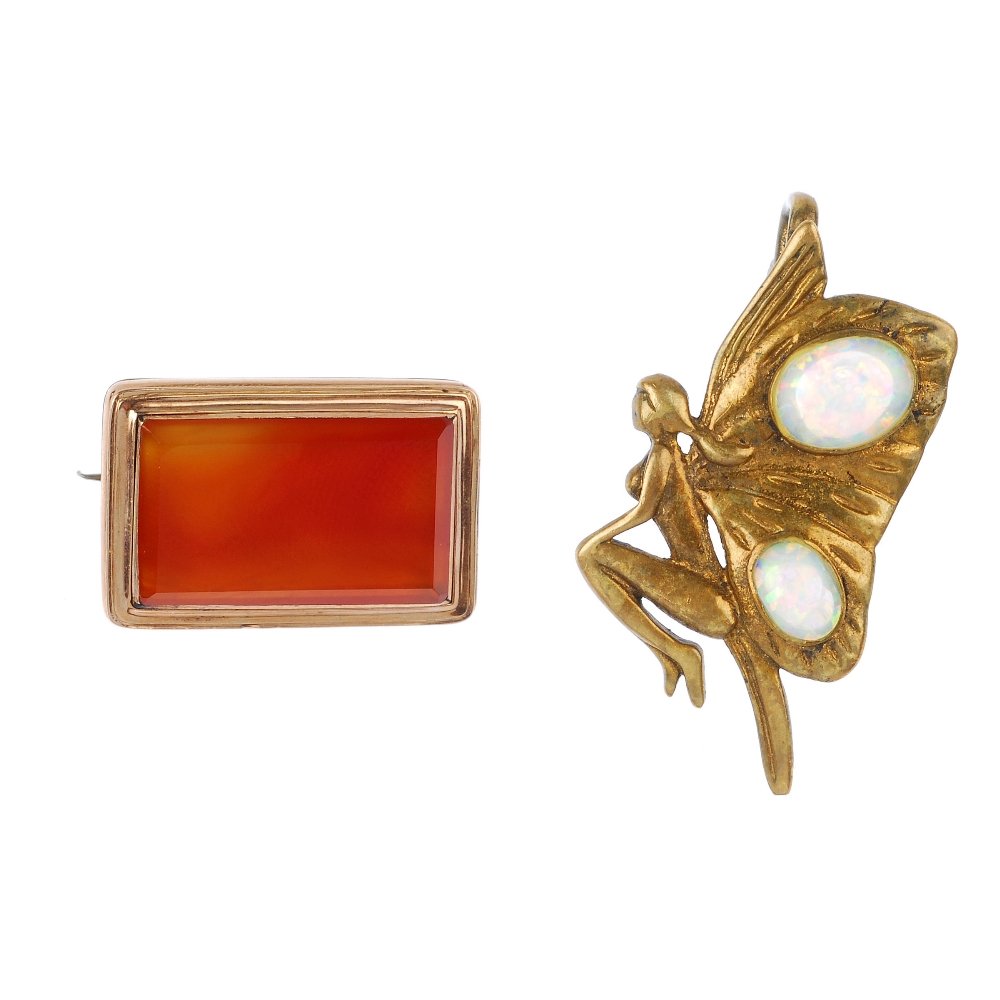A carnelian brooch and a synthetic opal pendant.: A carnelian brooch and a synthetic opal pendant. To include a late 19th century gold rectangular-shape carnelian brooch and a synthetic opal fairy pendant. Length 2.1 and 3.4cms. Weight of brooch 5.1g