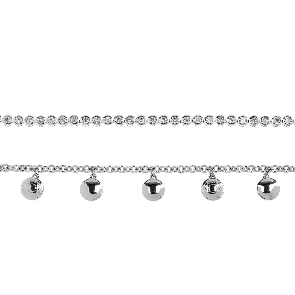 DKNY - a collection of steel jewellery.: * DKNY - a collection of jewellery. To include a necklace, with individual letter pendants suspended from a belcher-link chain, a similar bracelet, two paste rings, a charm bracelet, together with a s