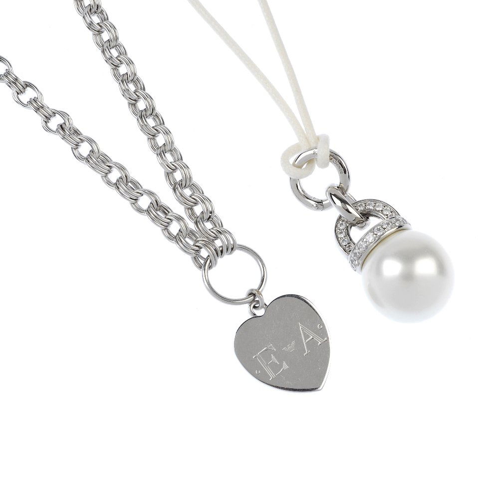 A collection of designer jewellery.: * A collection of designer jewellery. To include two Emporio Armani necklaces with heart-shape tags, two DKNY bangles, a pair of DKNY paste ear pendants, together with two Ti Sento items. Each with ma