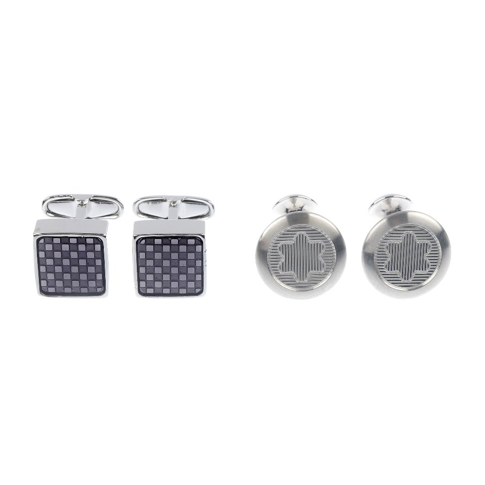 A selection of ten pairs of cufflinks.: * A selection of ten pairs of cufflinks. To include a pair of Hugo Boss rectangular-shape cufflinks, a pair of Mont Blanc circular-shape cufflinks, together with eight pairs of Boston Denison cufflink