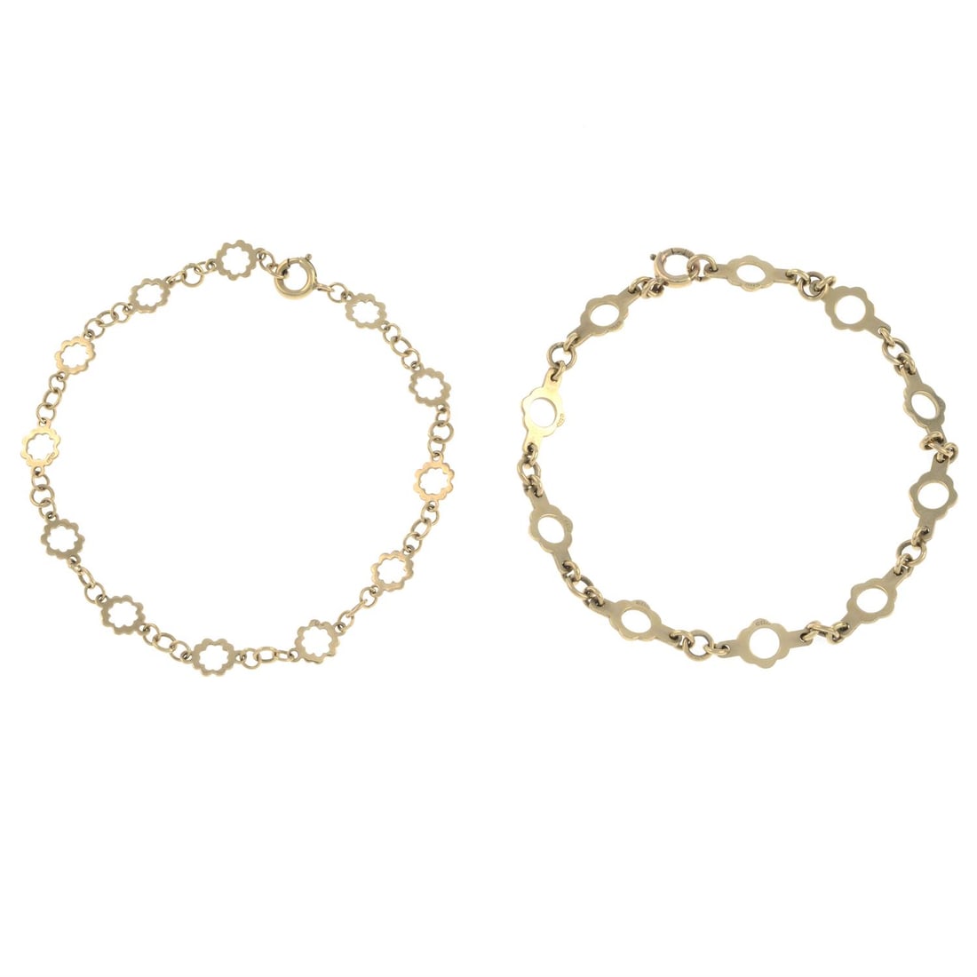 Two 9ct gold fancy link bracelets: Two 9ct gold fancy link bracelets. One with hallmarks for London, 1961. One with hallmarks for Birmingham. Lengths 17.8 and 18.5cm. 6.5gm. Condition Report: Some surface scratches/wear and areas of mi