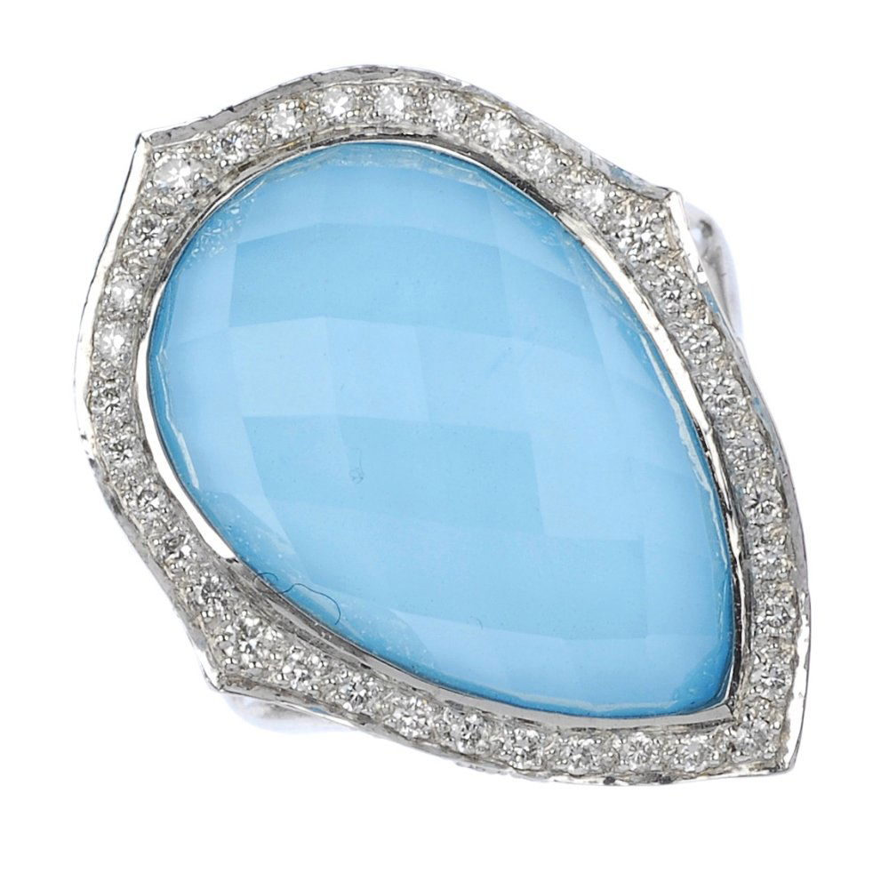 STEPHEN WEBSTER - an 18ct gold 'Midnight Haze' tur: * STEPHEN WEBSTER - an 18ct gold turquoise, quartz and diamond 'Midnight Haze' ring. The pear-shape turquoise, with faceted quartz top, within a brilliant-cut diamond surround, to the bifurcated shoul