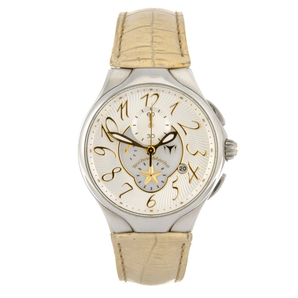 A stainless steel quartz lady's Technomarine wrist: A stainless steel quartz over-sized lady's Technomarine wrist watch, the silvered textured dial with Arabic numerals, date aperture positioned to four o'clock, subsidiary recorder dials to six and twe