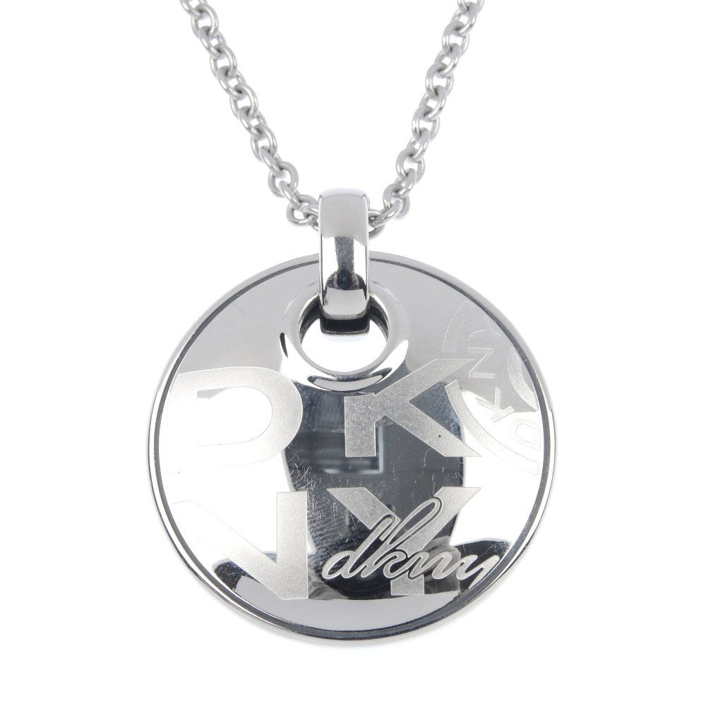 DKNY - two pendants and a pair of earrings.: * DKNY - a selection of steel jewellery. To include a pendant, a necklace and a pair of ear pendants. Length of pendants 5.8 and 4cms. length of chains 45cms.