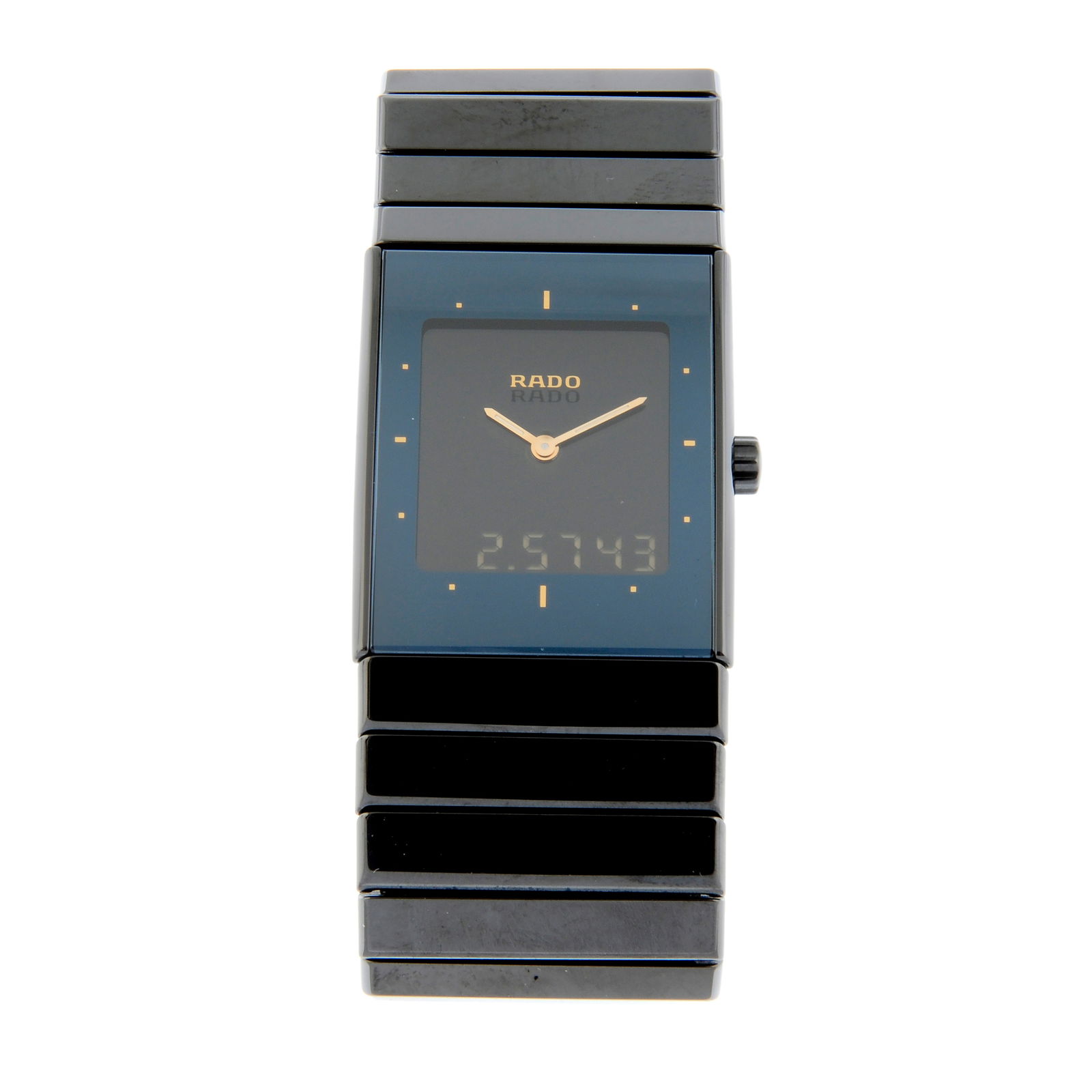 Rado - Diastar: Ceramic case with stainless steel case back. Unsigned quartz movement. Black dial with digital display. On a black ceramic bracelet with a titanium double folding clasp. Box.