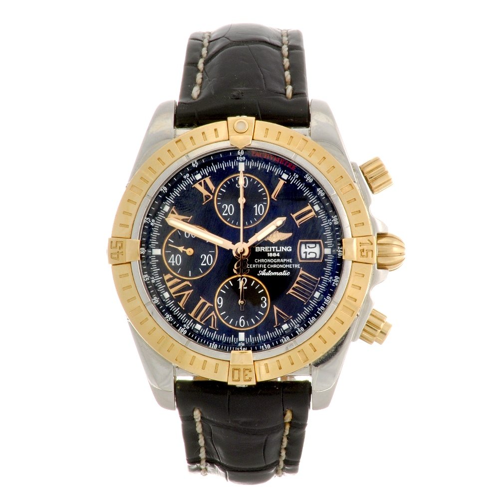 A bi-metal automatic gentleman's Breitling Chronoma: BREITLING - a bi-metal automatic gentleman's chronograph Windrider Chronomat Evolution wrist watch, the black dial with hourly applied gilt Roman numerals, date aperture set to three o'clock, subsidia