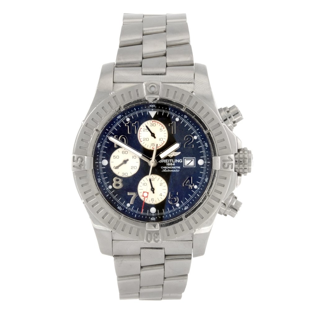 A stainless steel gentleman's Breitling Aeromarine : BREITLING - a stainless steel automatic chronograph gentleman's Aeromarine Super Avenger bracelet watch circa 2006, the black dial with hourly applied silvered Arabic numerals, bordered by a minute tr