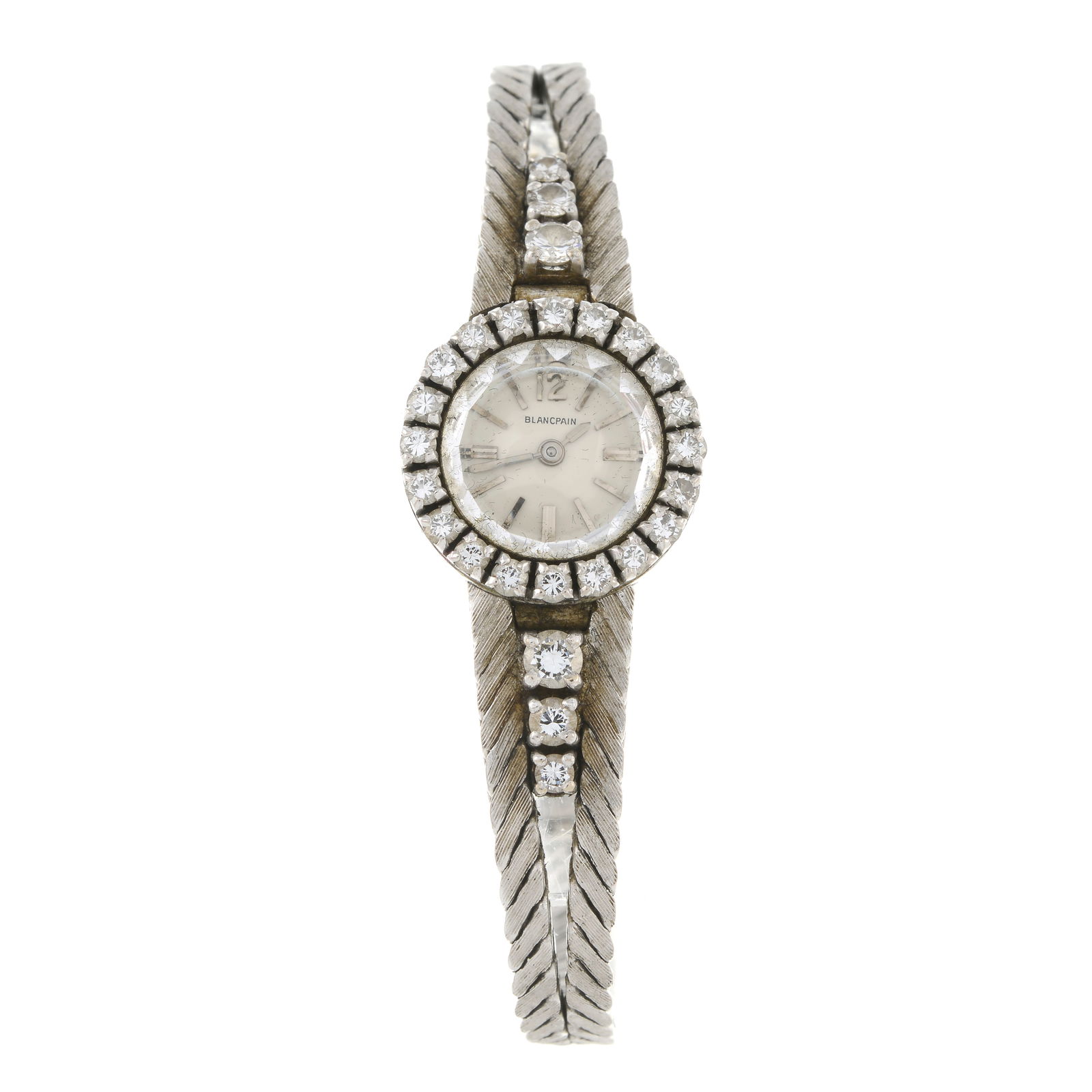 A mid 20th century 18ct gold diamond watch, by Blancpain.?Estimated total diamond weight 1ct,: A mid 20th century 18ct gold diamond watch, by Blancpain.?Estimated total diamond weight 1ct, G-H colour, VS clarity.Stamped 750. Length 15.4cms. 28gms.?