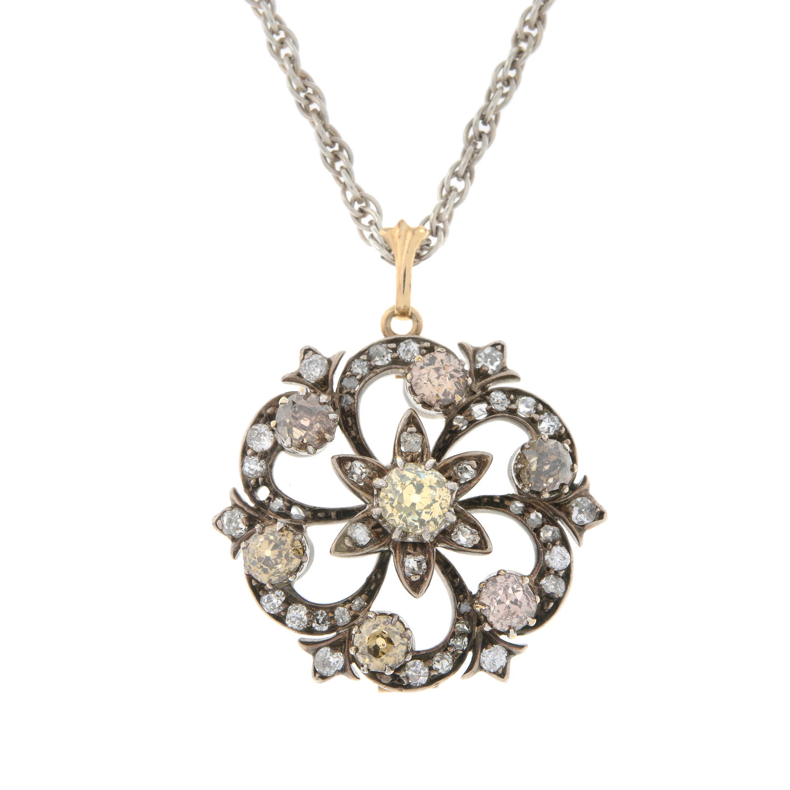 A late Victorian silver and gold diamond and coloured diamond floral pendant, (1 of 4)