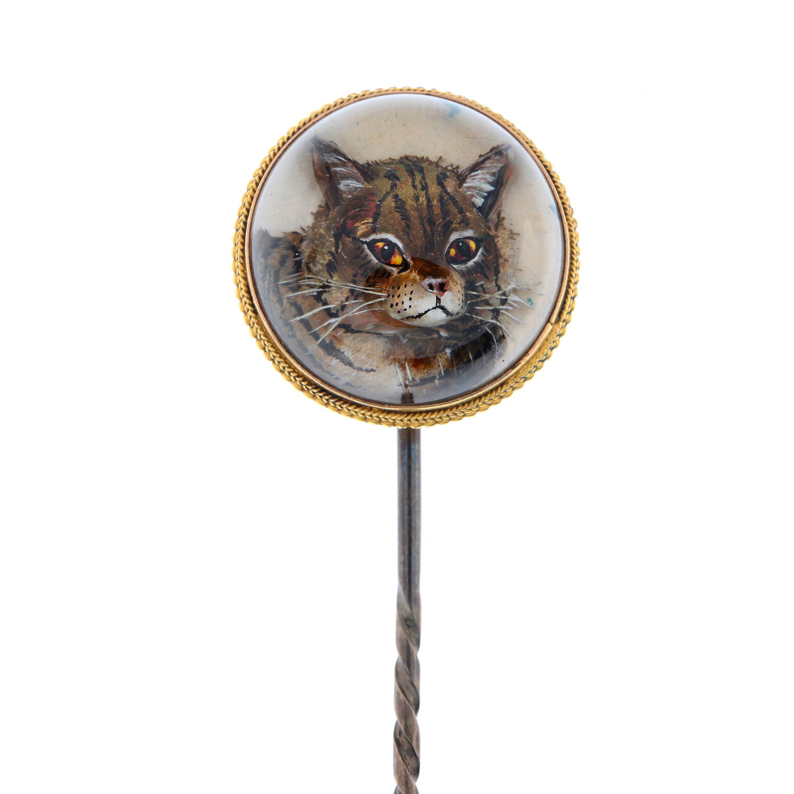 A late Victorian gold reverse-carved and painted rock crystal cat stickpin.Diameter of stickpin head (1 of 6)
