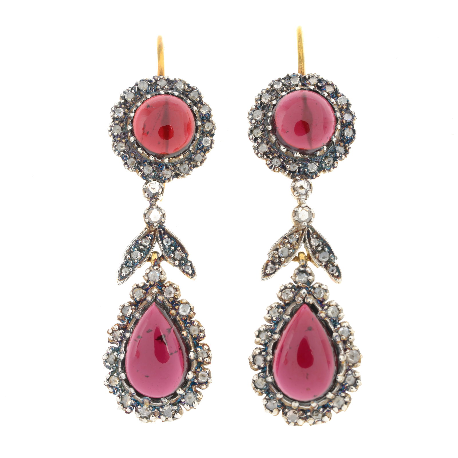 A pair of garnet and rose-cut diamond earrings.?Garnet total weight 13cts.?Diamond total weight: A pair of garnet and rose-cut diamond earrings.?Garnet total weight 13cts.?Diamond total weight 1ct.?Length 5cms. 9.7gms.?