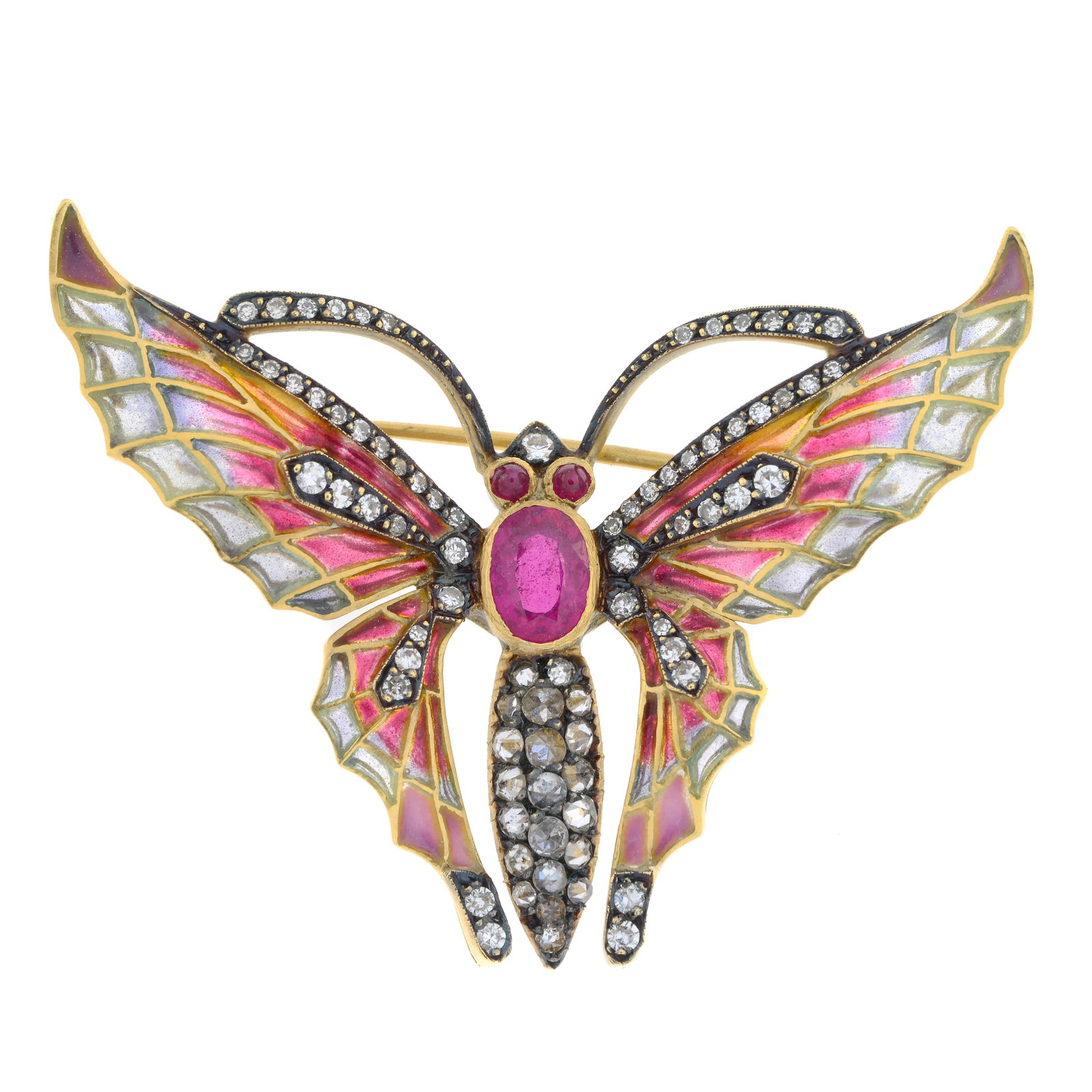 An 18ct gold ruby, single-cut-cut diamond and plique-a-jour enamel butterfly brooch. Ruby total (1 of 3)