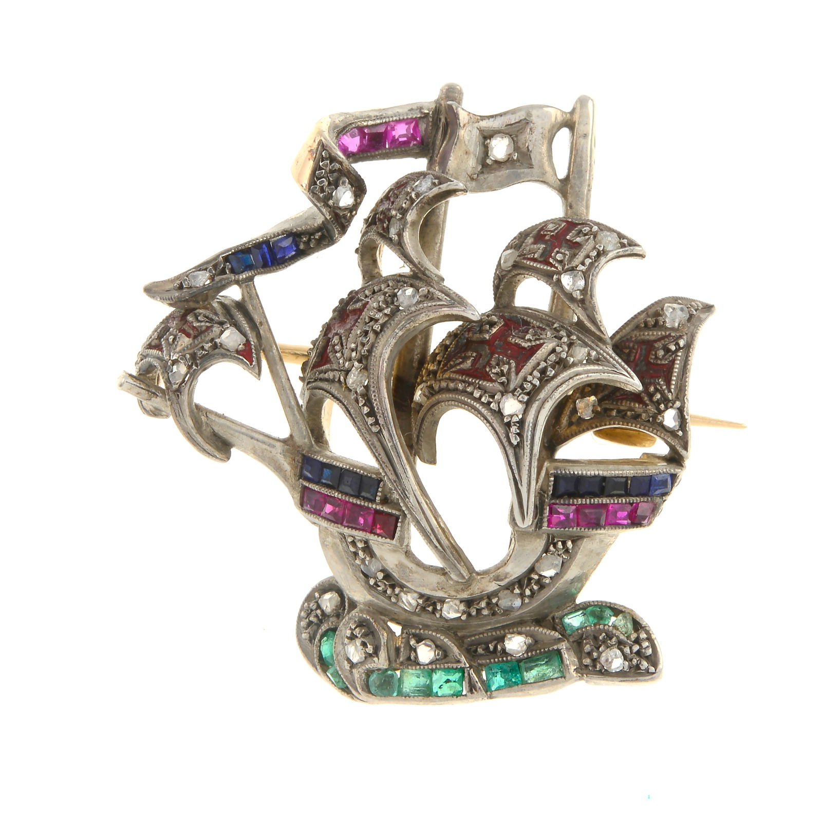 Mid 20th gem-set boat brooch: Mid 20th gem-set boat brooch Foreign marks. Condition Report: Some surface scratches/wear, discolouration and minor dents. Diamonds appear bright and well matched. Cut and setting of rose-cut di