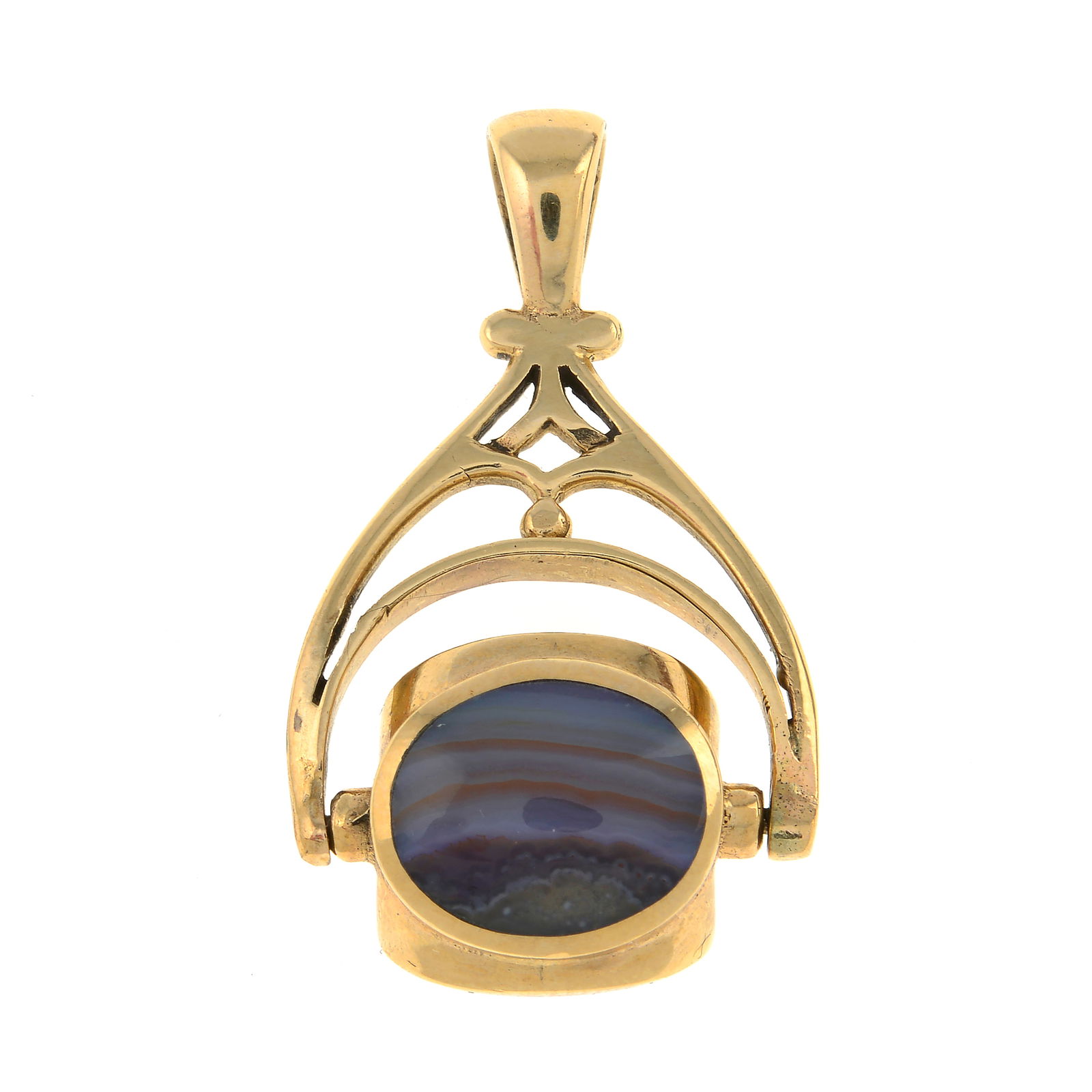9ct gold gem-set swivel fob, by David Scott Walker: 9ct gold gem-set swivel fob, by David Scott Walker Gems to include dyed agate, agate and goldstone. Hallmarks for Sheffield, 2002. Maker's mark for David Scott Walker. Condition Report: So