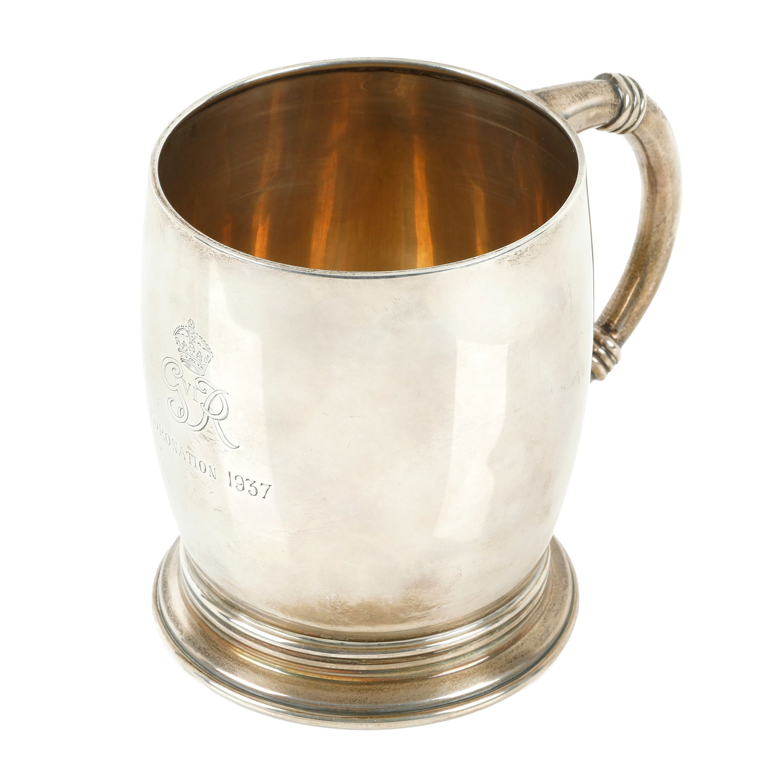 1930's silver George VI Coronation mug: 1930's silver George VI Coronation mug A 1930's Royal Commemorative silver mug, the plain body with stepped foot, and engraved 'GR VI, Coronation 1937'. Hallmarked Frank Cobb & Co Ltd., Sheffield