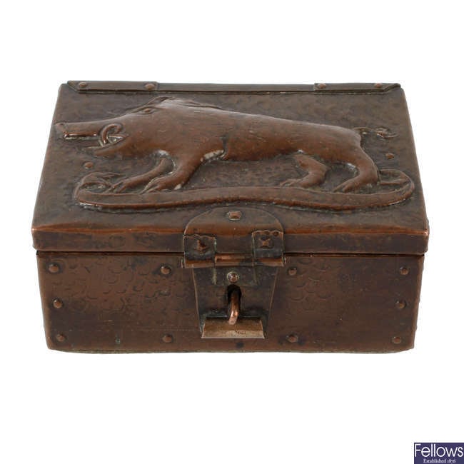 John Pearson copper Arts and Crafts box: John Pearson copper Arts and Crafts box A late 19th to early 20th century Newlyn School Arts and Crafts copper box by John Pearson, the lid embossed with a wild boar stood upon a ribbon, the sides wit