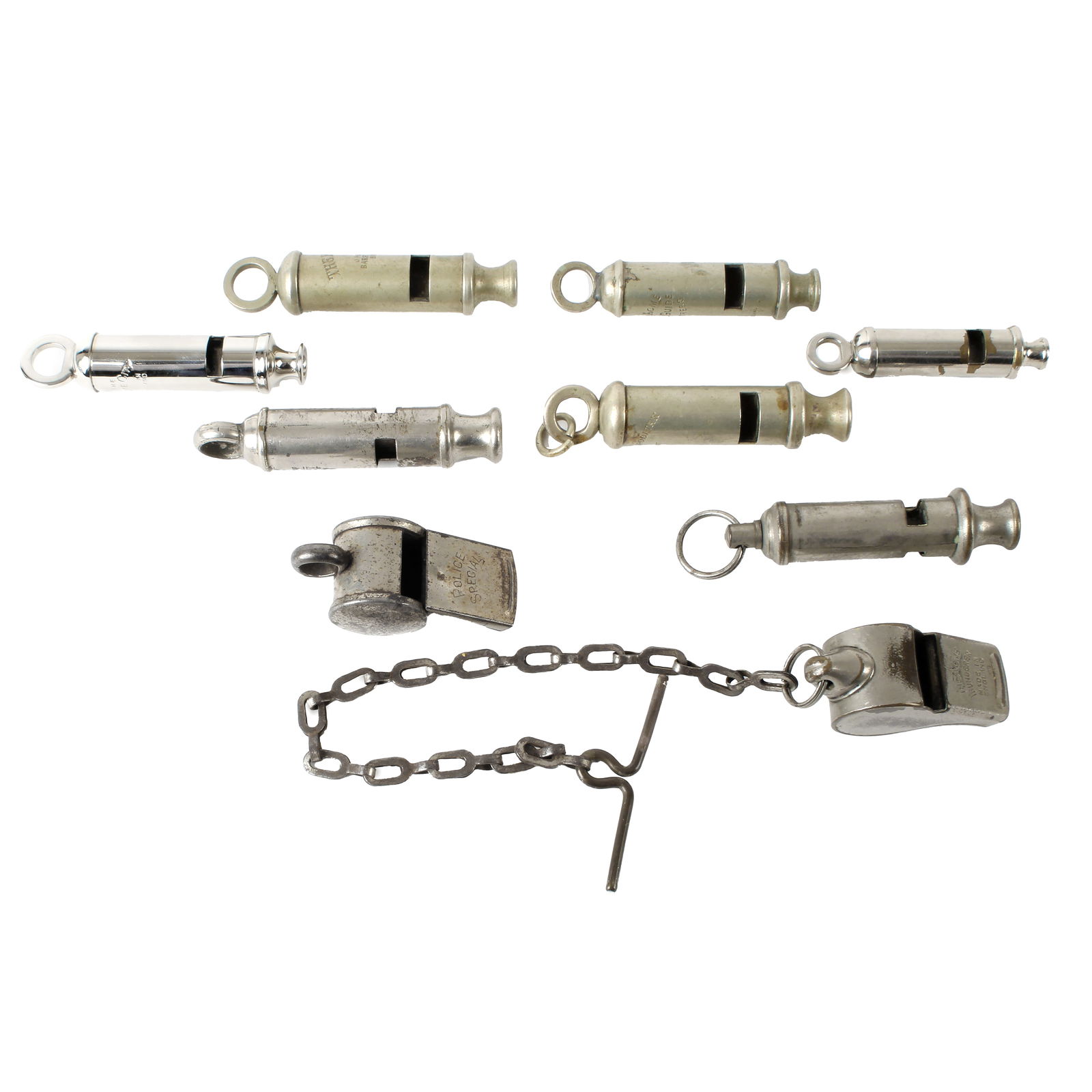 Nine assorted whistles: Nine assorted whistles Nine assorted whistles of varying form to include a Police Special, The Acme Thunderer, The Metropolitan, The Acme Boy Scouts, The Acme City and The Acme Girl Guide (9) Conditio