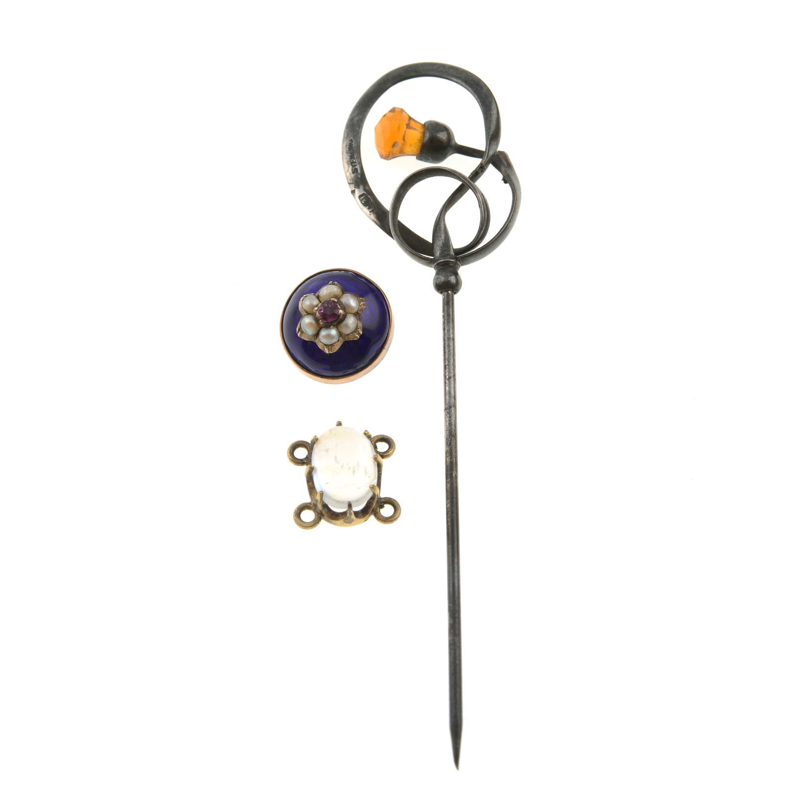 Selection of jewellery & jewellery components: Selection of jewellery & jewellery components To include an early 20th century orange paste stick pin, by Charles Horner, a moonstone beaded necklace link, and an early 20th century ruby, split pearl,