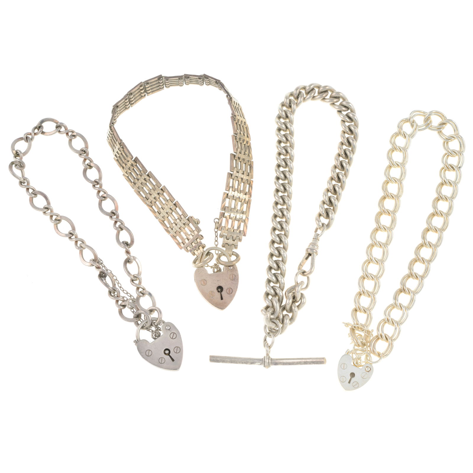 Three silver chain bracelets: Three silver chain bracelets One with hallmarks. Two with marks to indicate silver.Length of bracelets 17.5 to 19cm. Condition Report: Due to the amount of items in this lot we are unabl