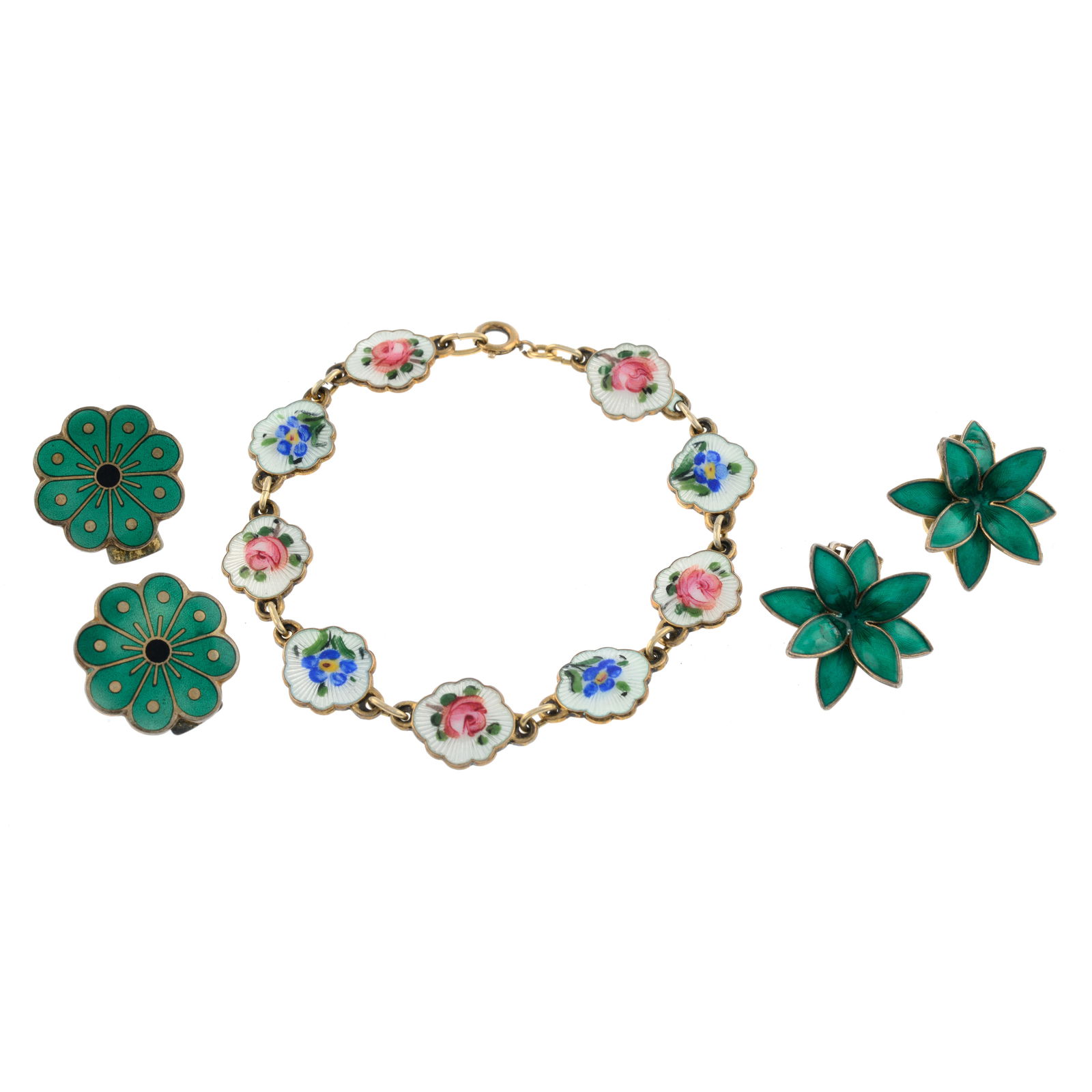 Mid 20th century floral enamel jewellery: Mid 20th century floral enamel jewellery To include a floral vari-hue enamel panel bracelet, by Ivar T. Holth, a pair of green & black enamel floral clip earrings, by David Andersen, and a pair of