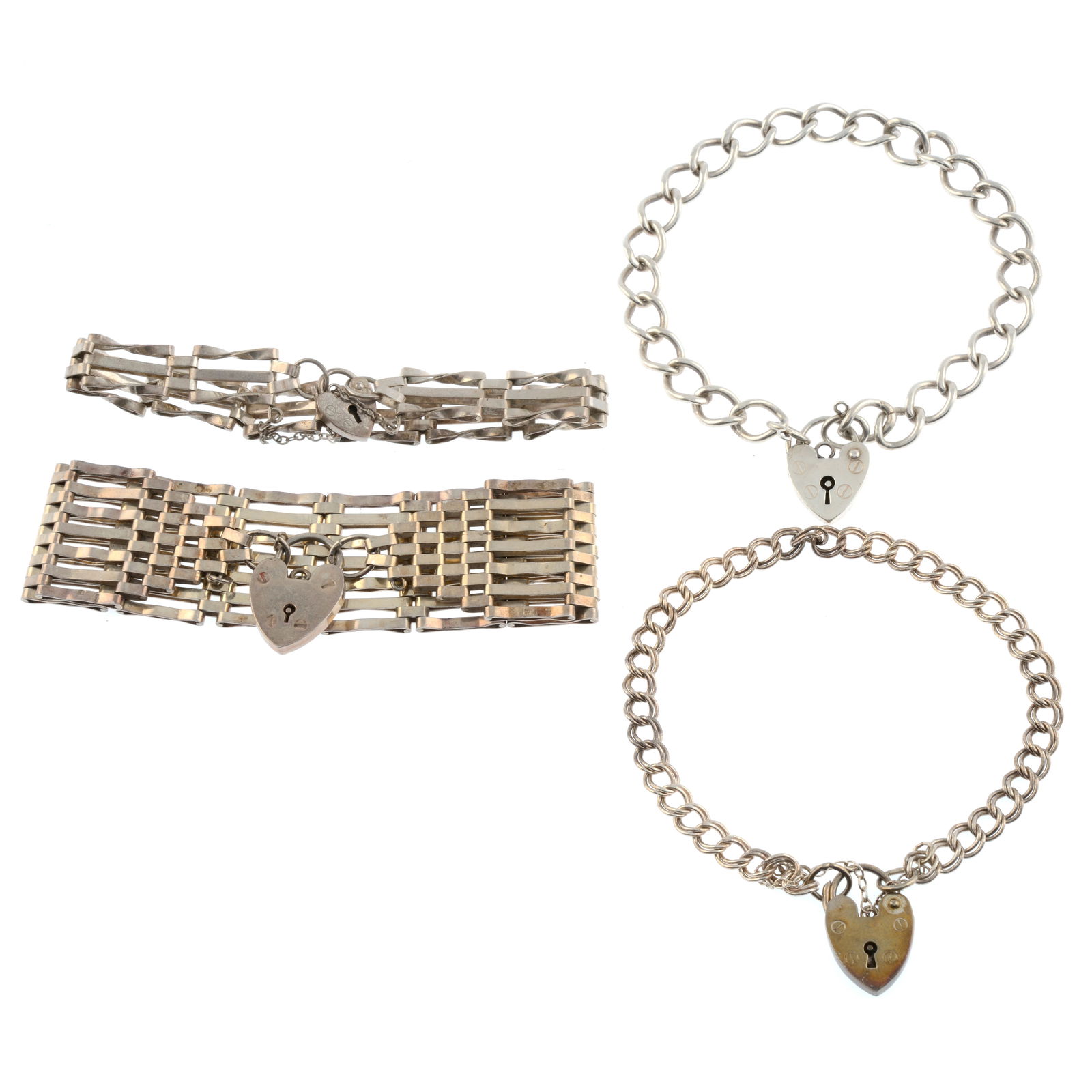 Four chain bracelets: Four chain bracelets Three with silver hallmarks. Condition Report: Due to the amount of items in this lot we are unable to give a condition report.Please see the Important Notices for Purchaser