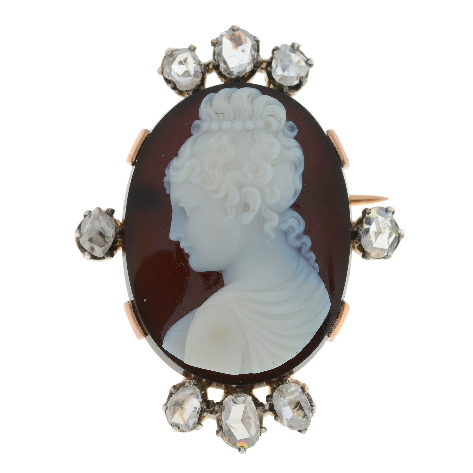 19th century gold agate cameo diamond brooch: May be worn as a pendant.