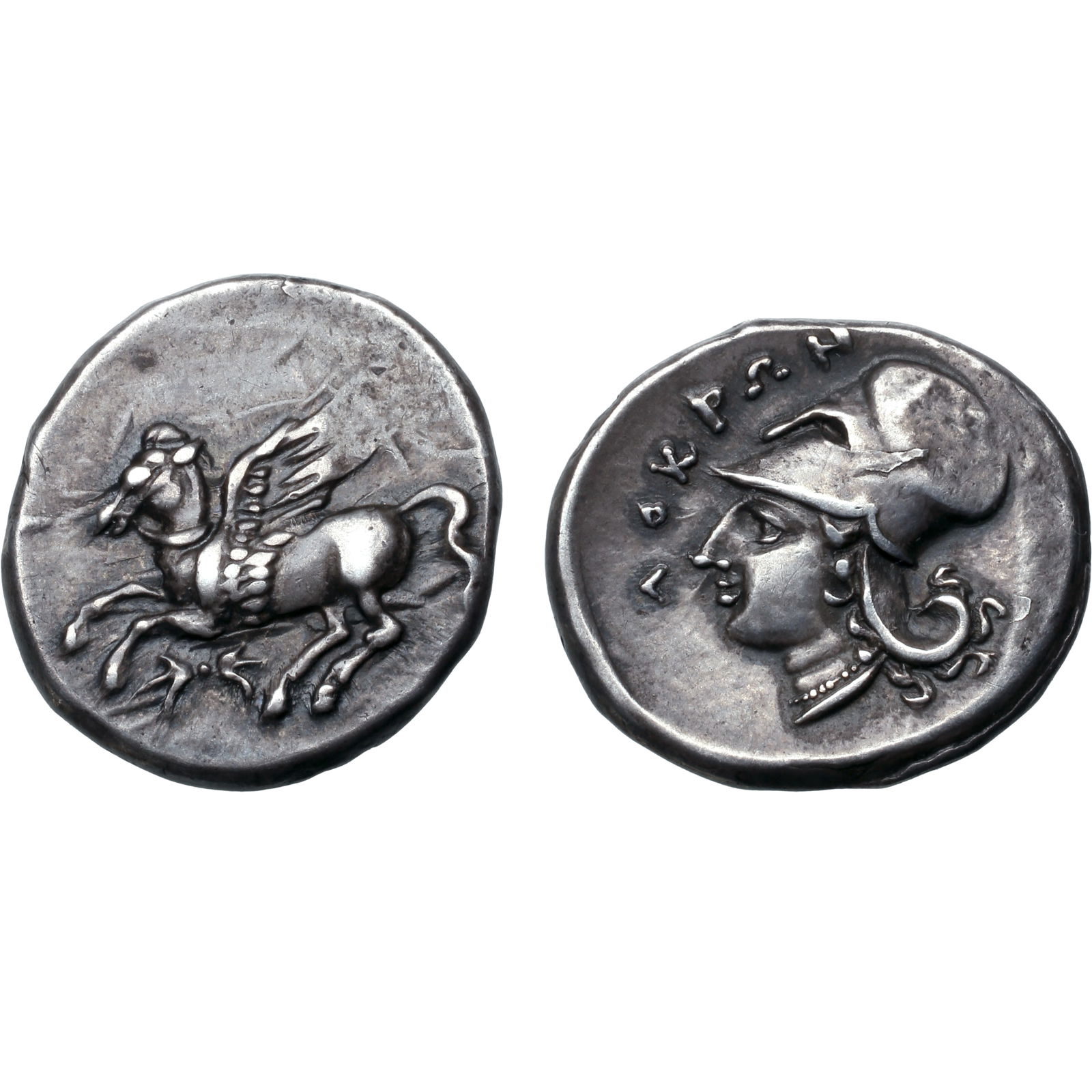 Bruttium, Lokroi AR Stater.: Bruttium, Lokroi AR Stater. Bruttium, Lokroi Epizephyrioi AR Stater. Circa 350-275 BC. Pegasos flying to left; thunderbolt below / Head of Athena to left wearing Corinthian helmet. Pozzi Paolini Group