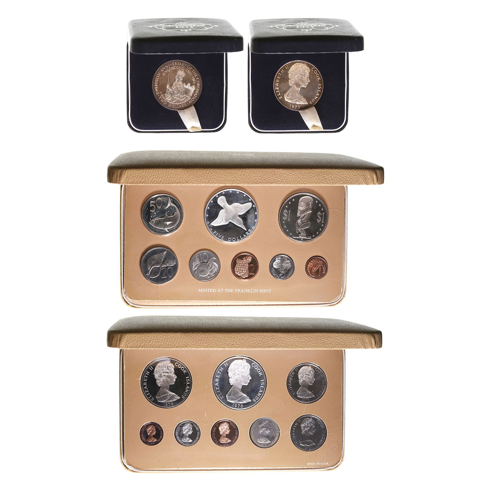 Group of 9 Cook Islands Proof Coins.: Group of 9 Cook Islands Proof Coins. Group of 9 Cook Islands Proof Coins. 1 x proof 1976 set of 8 coins struck by Franklin mint, partially in silver, 5 dollars, 1 dollar, 50 cents, 20 cents, 10 cents,