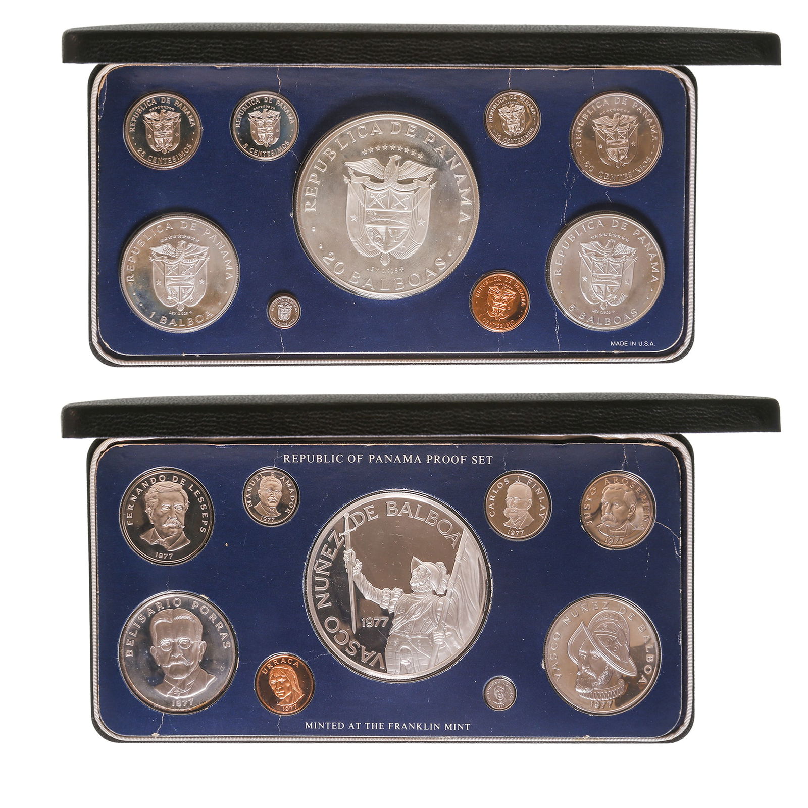 Republic of Panama Proof Set.: Republic of Panama Proof Set. Republic of Panama Proof Set. Franklin mint, 1977. 20, 5 & 1 balboas all in silver, 50, 25, 10, 5, 1 & 2 1/2 centesimos in base metal. (9). Condition Report: Coin