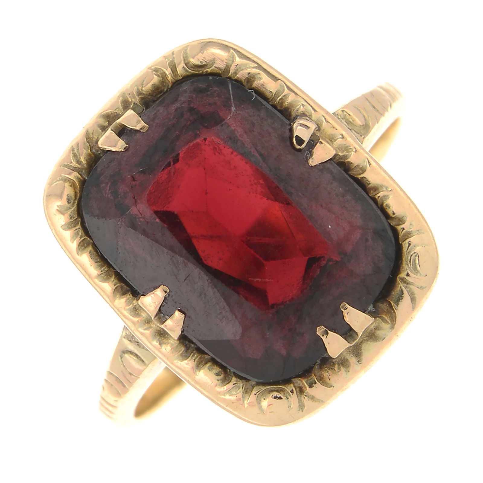 Late 19th century garnet single-stone ring: Late 19th century garnet single-stone ring Length of ring head 1.3cm. Condition Report: Some surface scratches and surface abrasions. Garnet appears dark red, well saturated, with some abrasions to fa