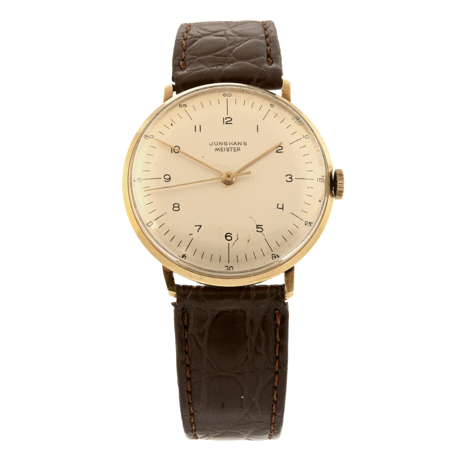 Junghans - Max Bill: Junghans - Max Bill Yellow metal case with personal engraving to case back, stamped 14ct, 0,585. Signed manual wind movement. Silvered dial with Arabic numeral hour markers. On an unsigned brown
