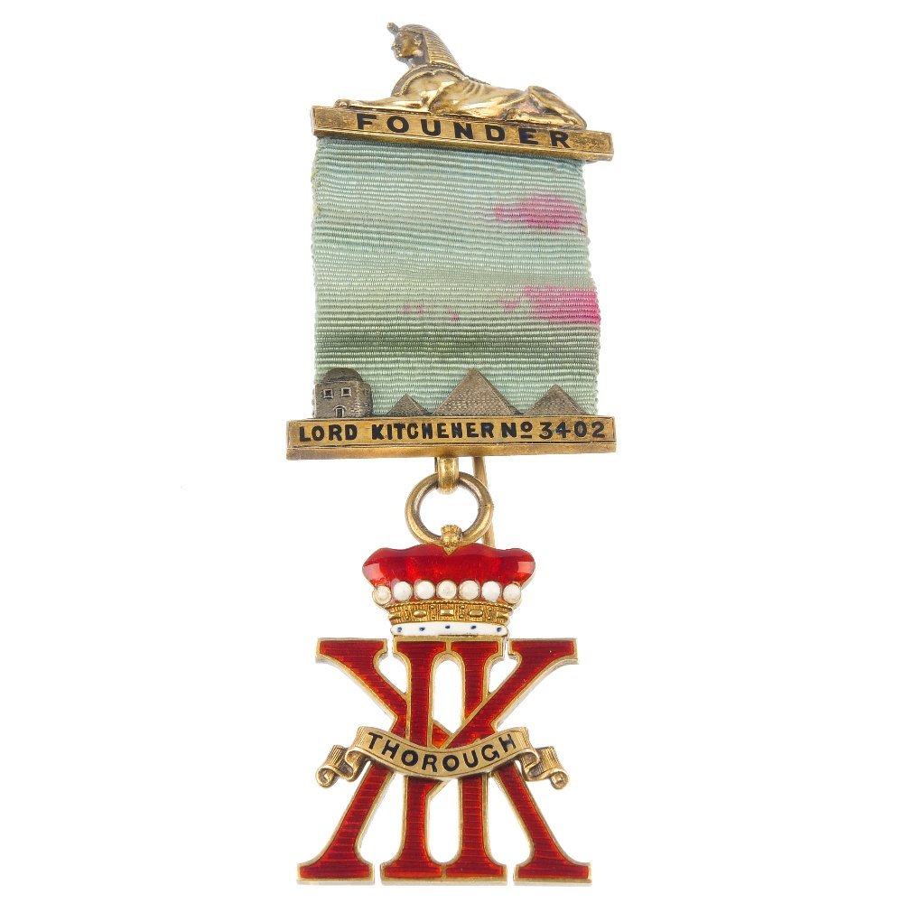 Egypt, Masonic jewel.: Egypt, Masonic Jewel, The Kitchener Lodge, Lodge No.3402, silver-gilt with red and white enamel, crowned double K with Lord Kitchener's motto THOROUGH, original suspension ribbon with sphinx and pyram