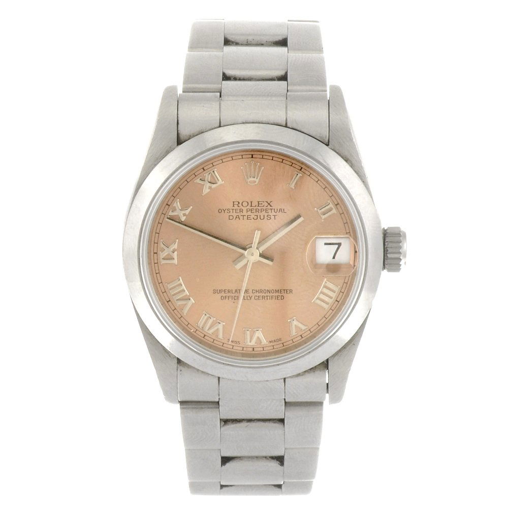 (948000532) A stainless steel automatic mid-size Rolex : (948000532) ROLEX - a stainless steel automatic mid-size Oyster Perpetual Datejust bracelet watch circa 1996, the copper tone sunburst effect dial with hourly applied silvered Roman numerals, date ape