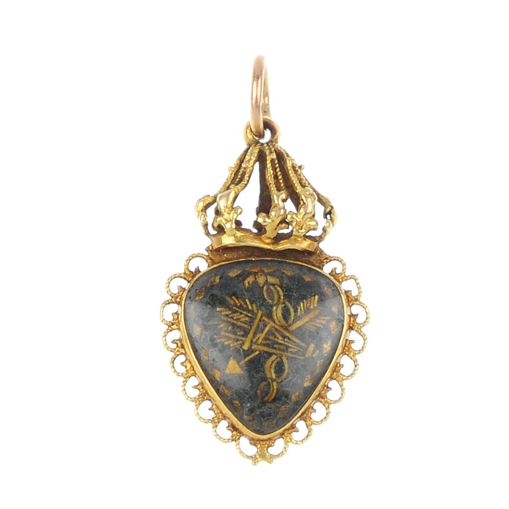 An early 19th century continental gold pendant.: An early 19th century continental gold pendant. The heart-shape glazed panel, depicting a bow, arrow and quiver to one side and monogram to the other, within a scrolling surround, to the crown surmoun
